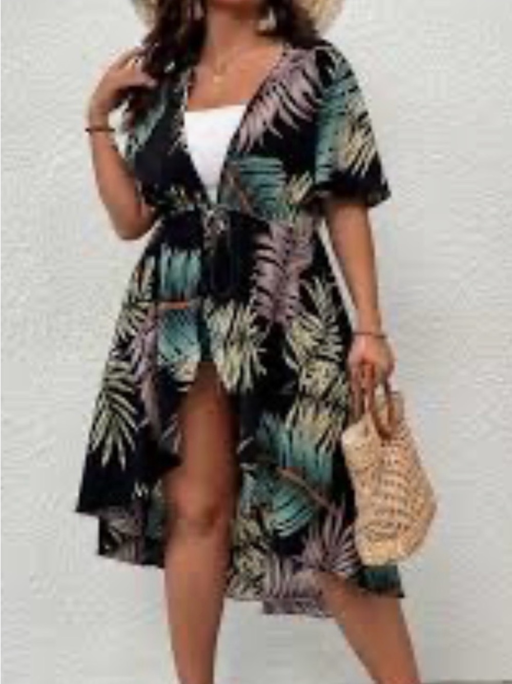 Tropical Leaf Print Black Wrap Dress